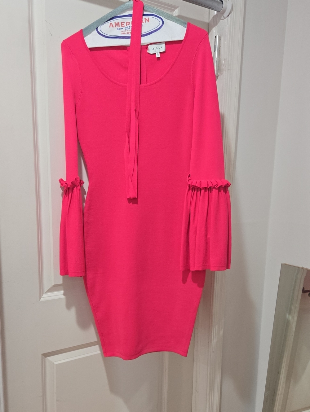 Milly Neon Pink Ruffle Bell-Sleeve Long Sleeve Dress